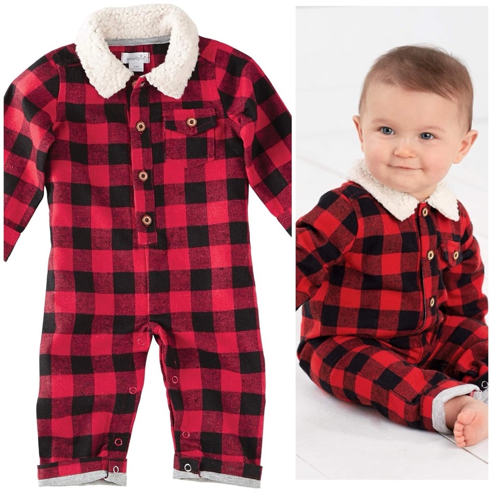 Mud Pie Buffalo Check Long Sleeve Romper Red Black One Piece Boys Sz 12-18 Mts